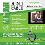 Charging Cable USB 3 in 1 Multi-Head USB-C / Micro USB / Lightning 10FT - 6 Pieces Per Retail Ready Display 23100B GADGET GEAR