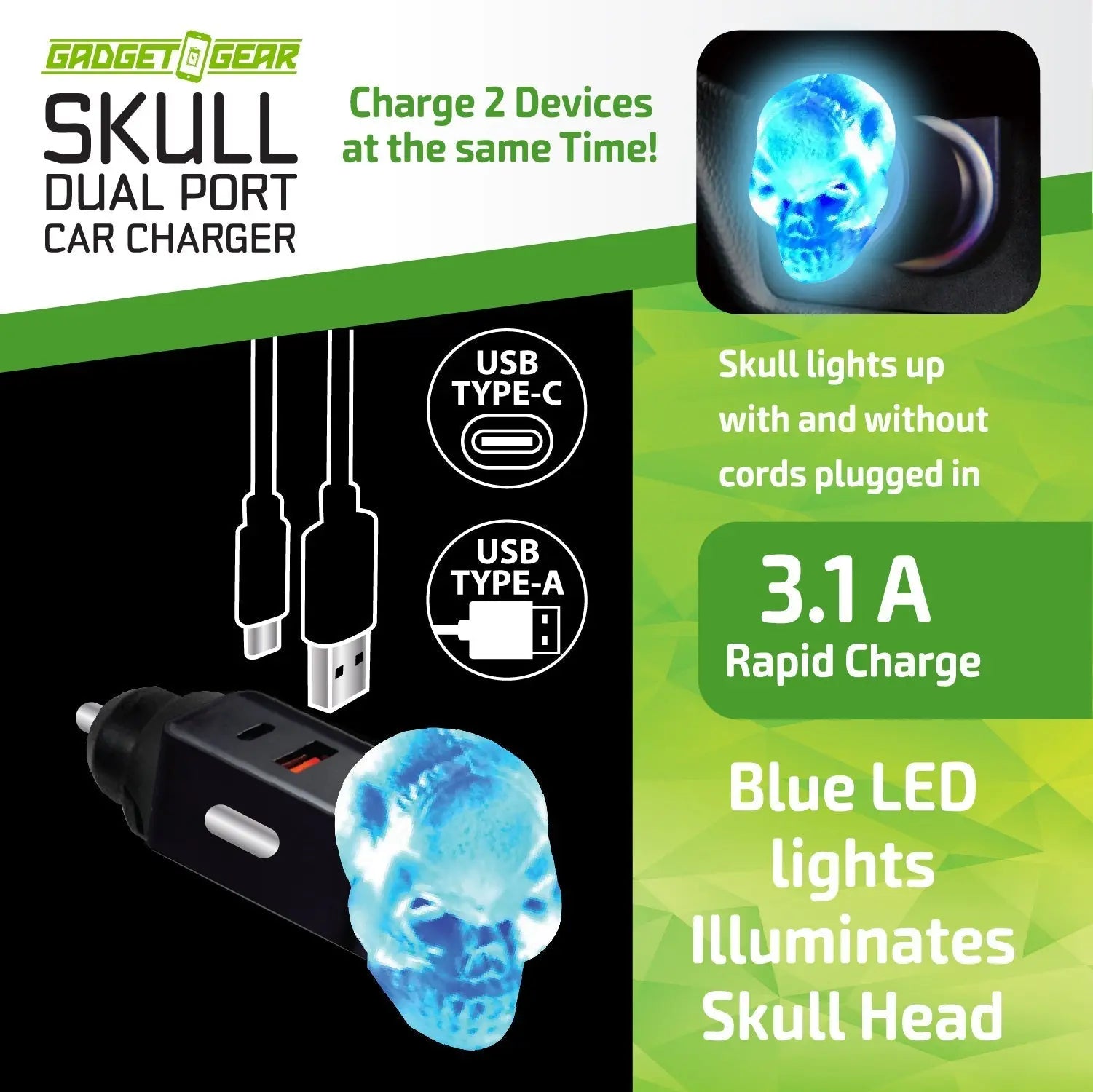 Car Charger Dual Port USB / USB-C LED Skull 3.1 Amp - 6 Pieces Per Pack 24001AZ GADGET GEAR