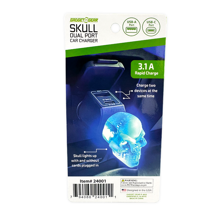 Car Charger Dual Port USB / USB-C LED Skull 3.1 Amp - 6 Pieces Per Retail Ready Display 24001 GADGET GEAR