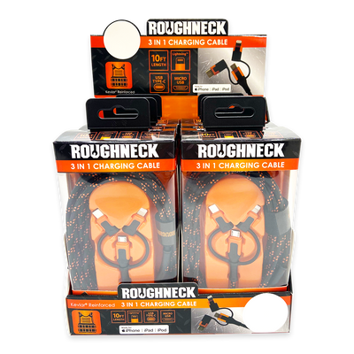ITEM NUMBER 024072 ROUGHNECK 10FT 3 IN 1 CABLE 6 PIECES PER DISPLAY