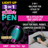 WHOLESALE LIGHT-UP 3-IN-1 GLITTER PEN 6 PIECES PER DISPLAY 24849