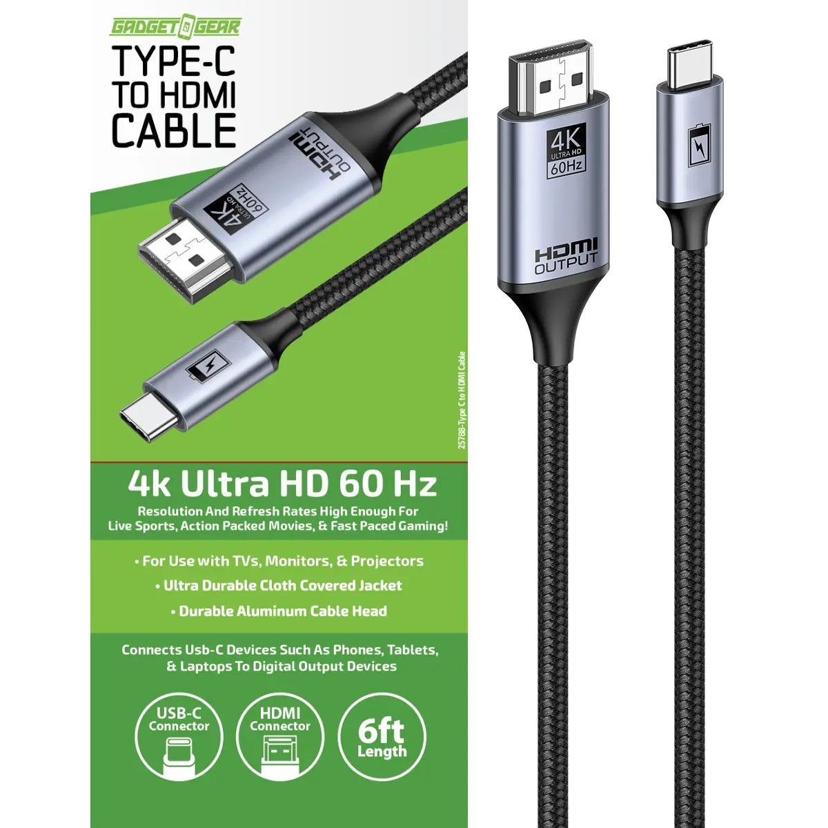 USB-C to HDMI Adapter Cable 6FT 4K Ultra HD 60hz - 6 Pieces Per Retail Ready Display 25788 - NOVELTY INC WHOLESALE