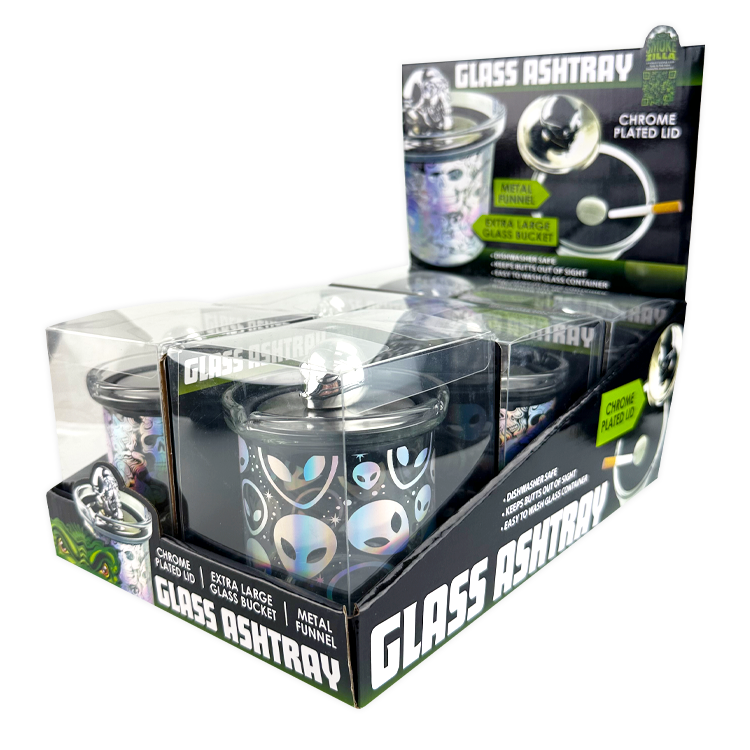 Glass Ashtray with Chrome Plated Lid - 6 Pieces Per Retail Ready Display 25945 SMOKEZILLA