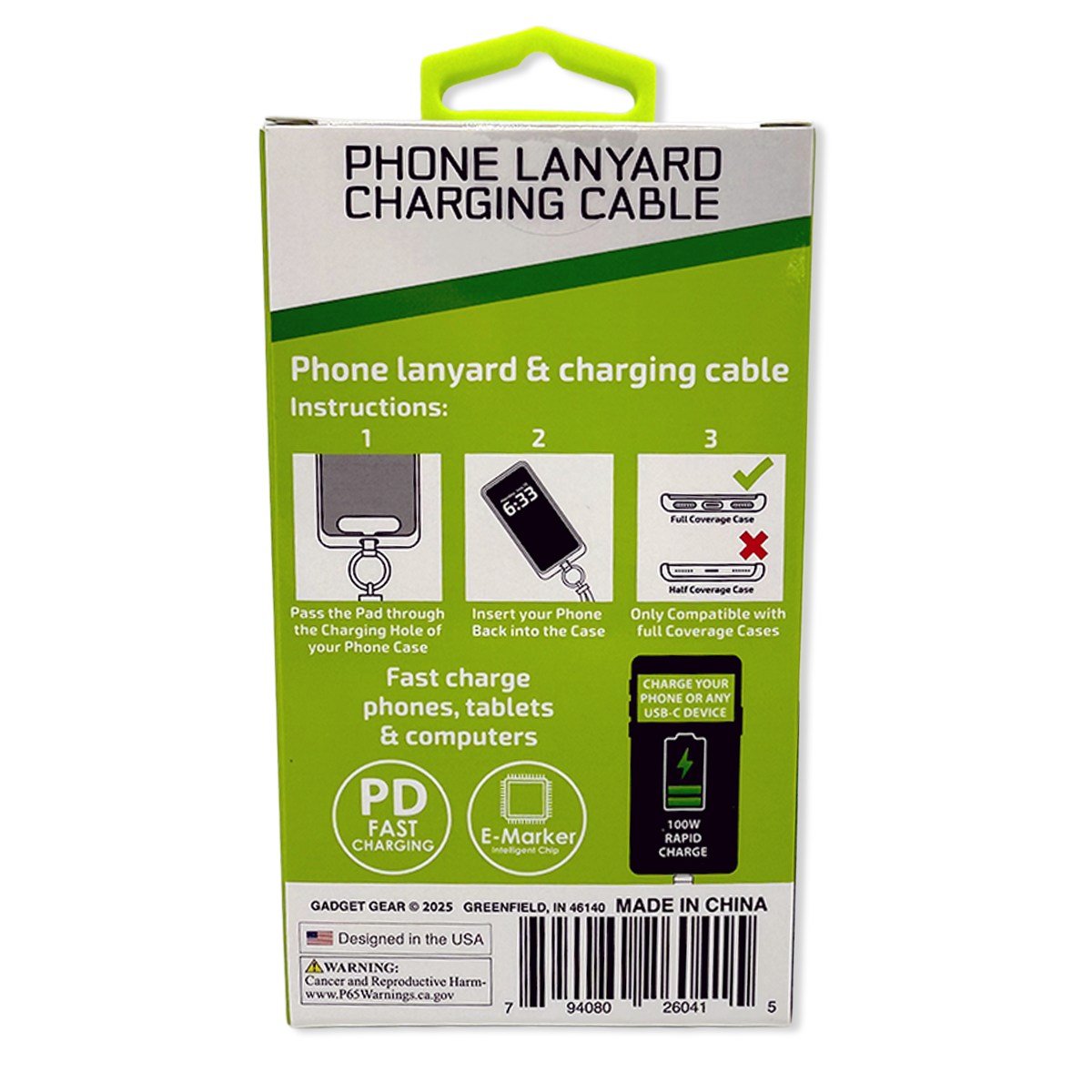 Phone Lanyard 100W Charging Cable - 6 Pieces Per Retail Ready Display 26041 GADGET GEAR