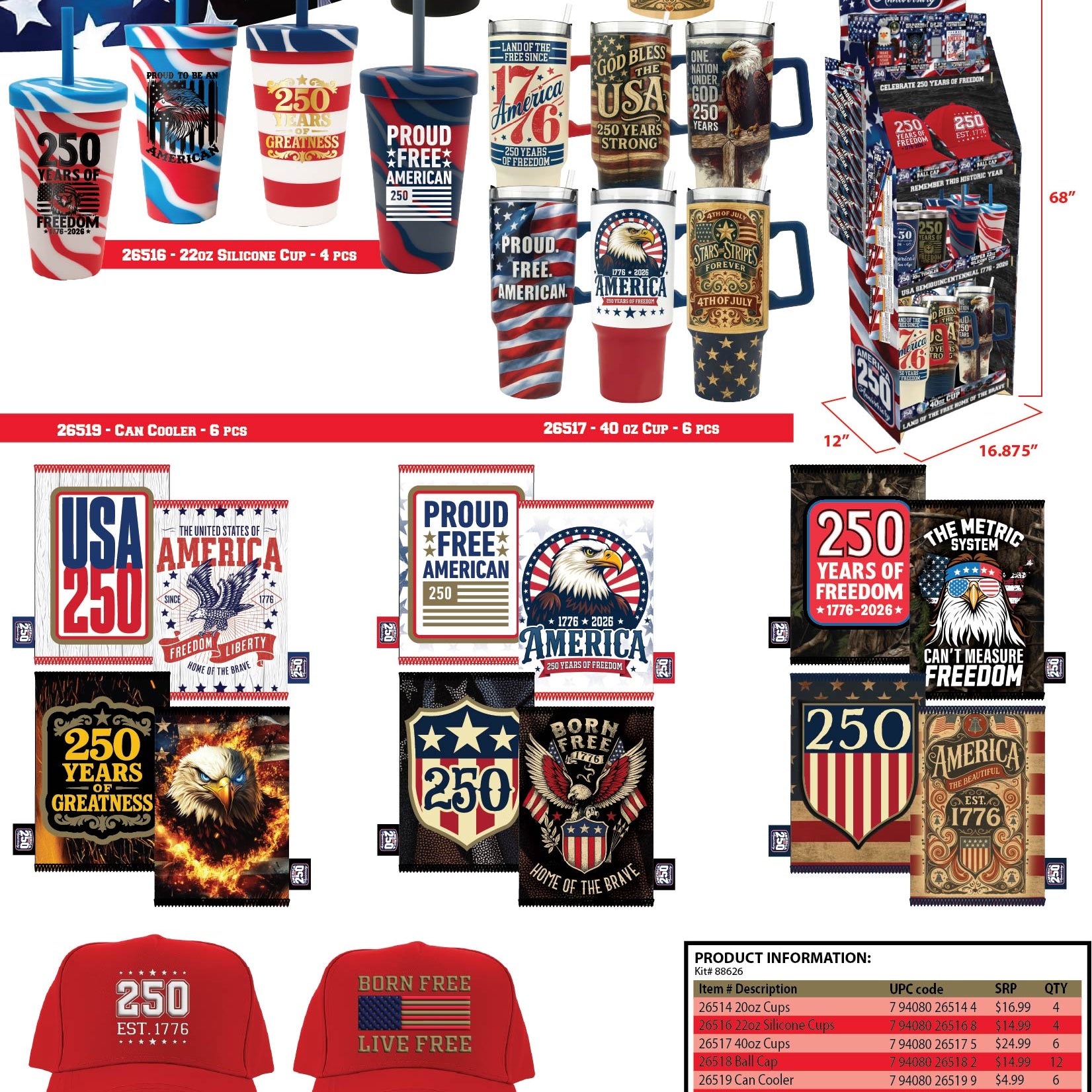 Patriotic USA 250 Floor Display - 78 Pieces Per Retail Ready Display Kit 88626 NOVELTY INC