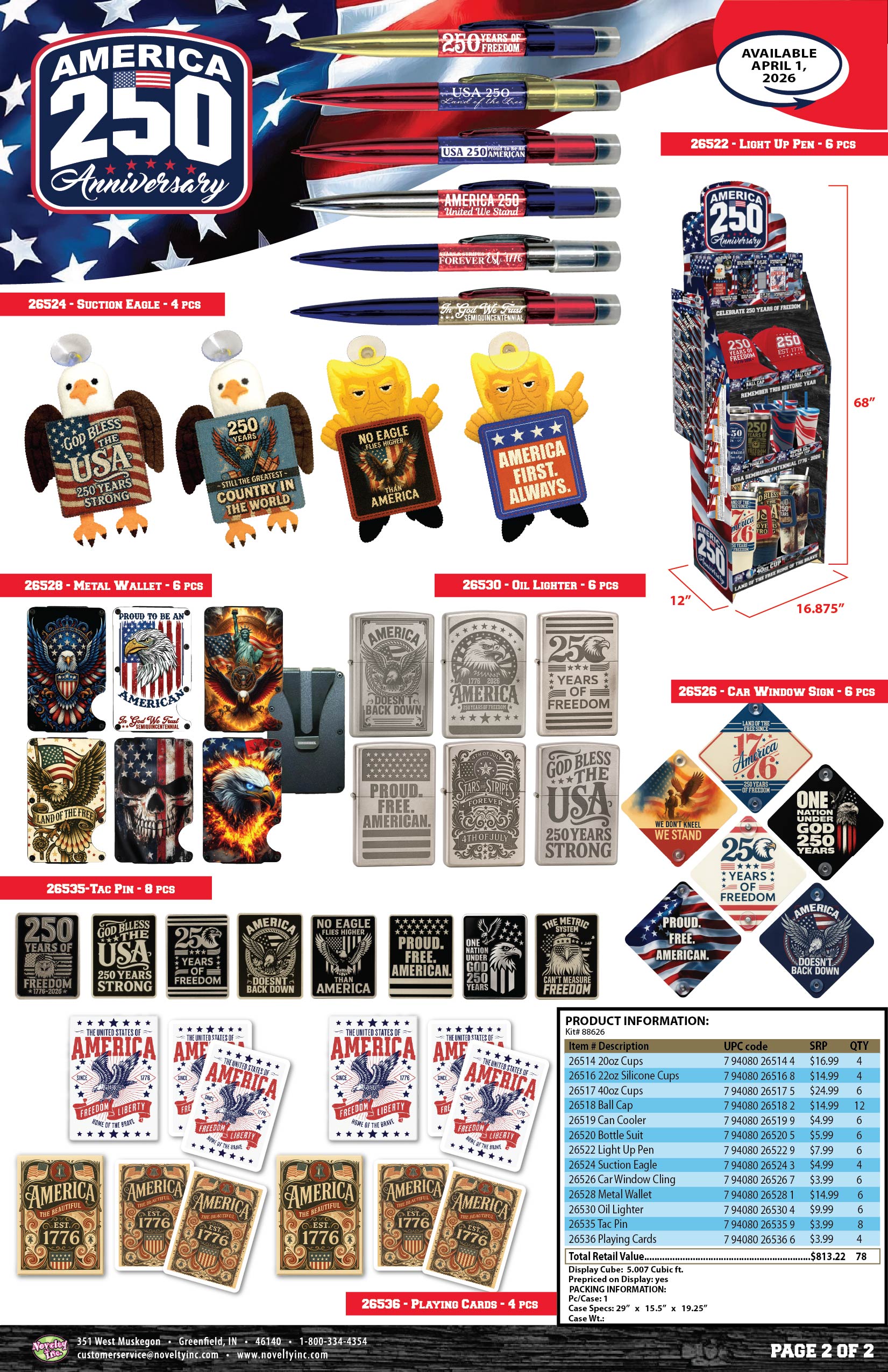 Patriotic USA 250 Floor Display - 78 Pieces Per Retail Ready Display Kit 88626 NOVELTY INC
