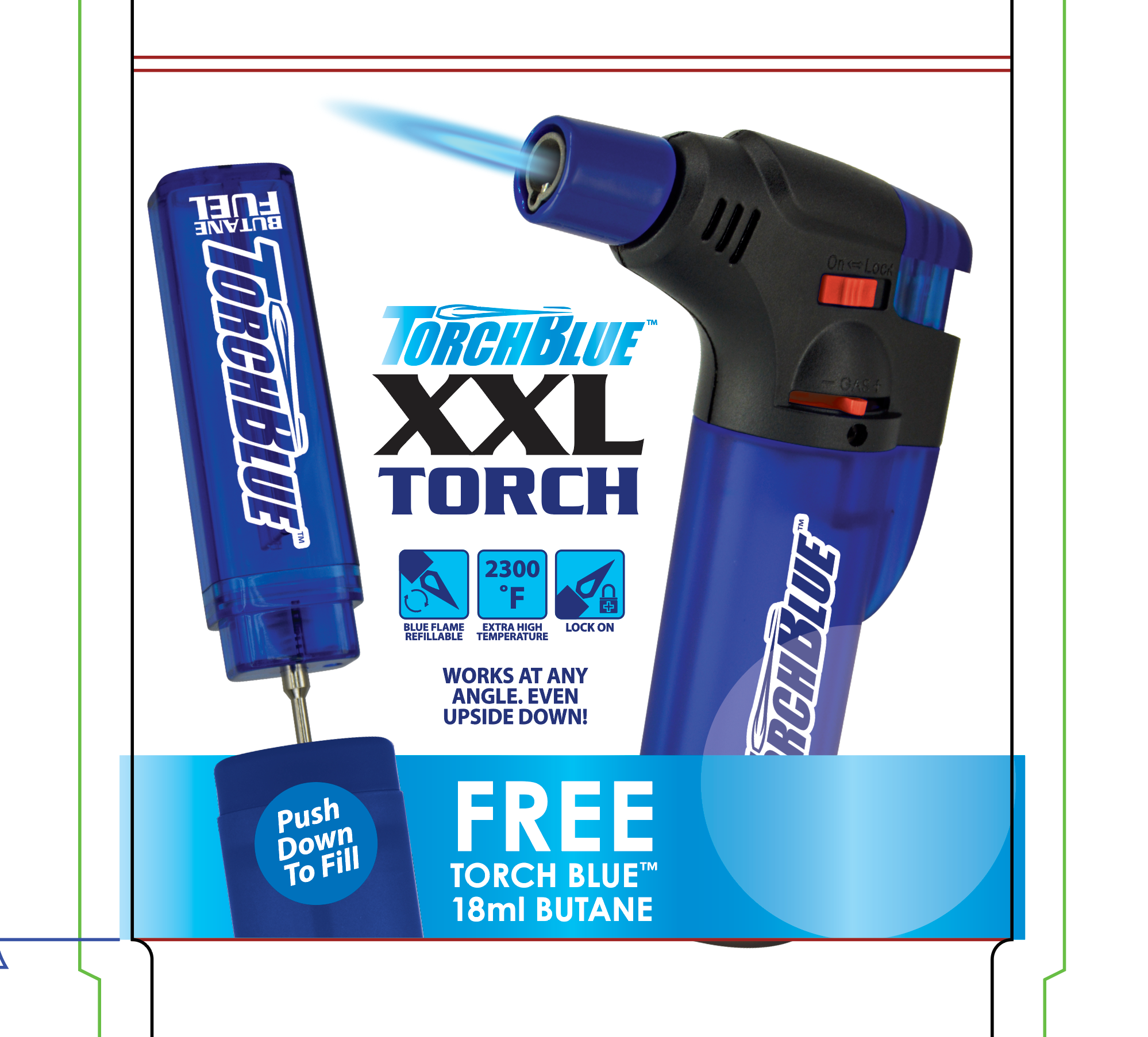 XXL Torch Lighter with Bonus Butane Refill Blister 2-Pack Sets - 6 Sets Per Display 26244 TORCH BLUE