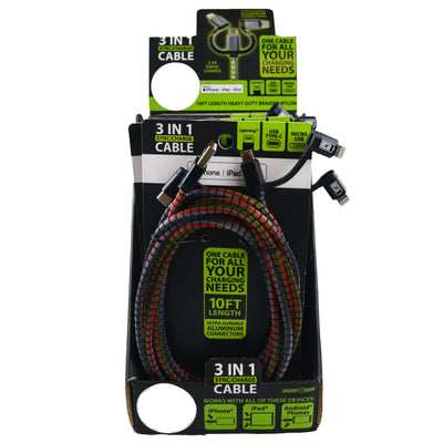 ITEM NUMBER 023100 10FT 3 IN 1 USB-TO-LIGHTNING / MICRO-USB / USB-C CABLES 6 PIECES PER DISPLAY