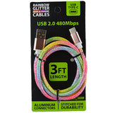 Charging Cable Rainbow Glitter USB to USB-C 3FT 2 Amp - 20 Pieces Per Pack 23609MN