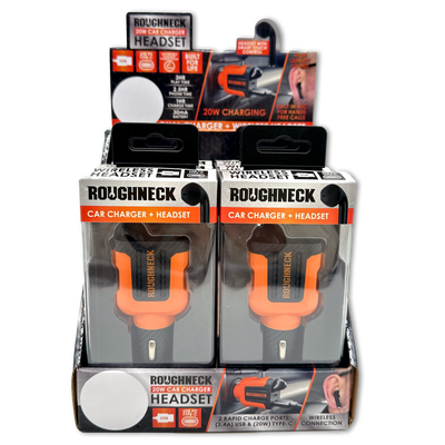 ITEM NUMBER 023690 ROUGHNECK USB-C / USB CAR CHARGER + HEADSET 6 PIECES PER DISPLAY