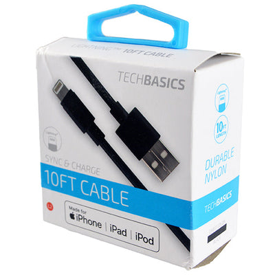 ITEM NUMBER 026230 10FT USB-TO-LIGHTNING CLOTH CHARGE CABLE TECH BASICS 5 PIECES PER PACK