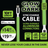 Charging Cable Glow In The Dark Assortment 10FT 2.4 Amp- 6 Pieces Per Retail Ready Display 88295