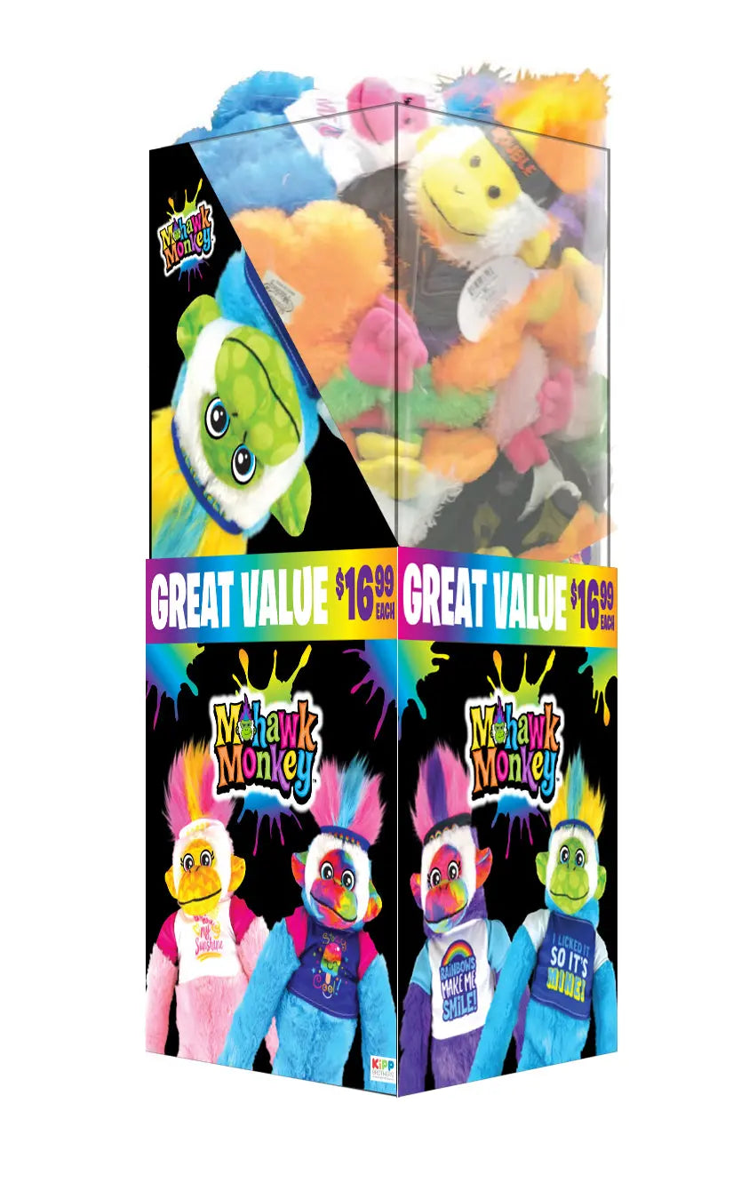 Plush Mohawk Monkey Assorted Floor Display - 24 Pieces Per Retail Ready Display 88437 KIPP BROTHERS