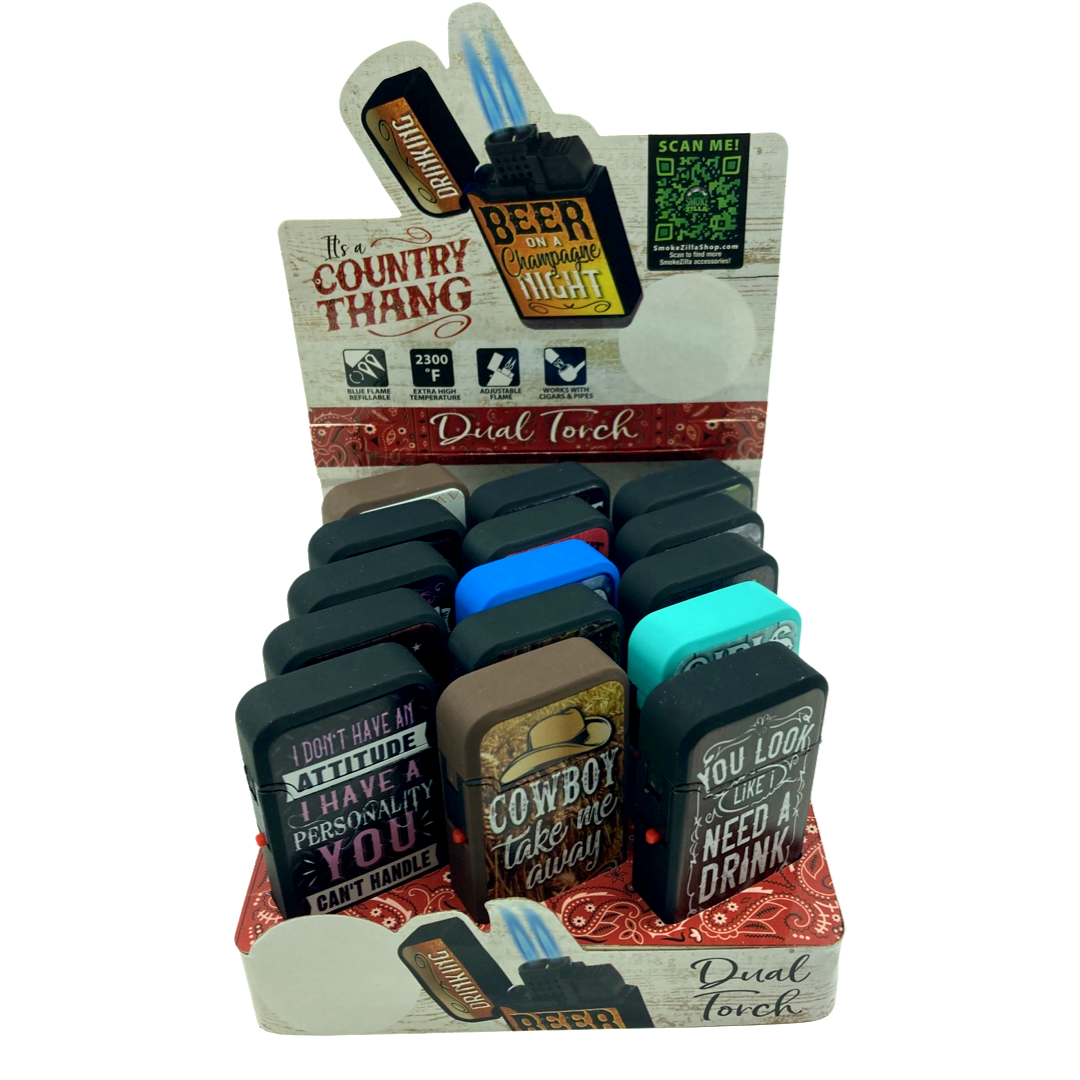ITEM NUMBER 022196 COUNTRY DUAL TORCH LIGHTER 15 PIECES PER DISPLAY